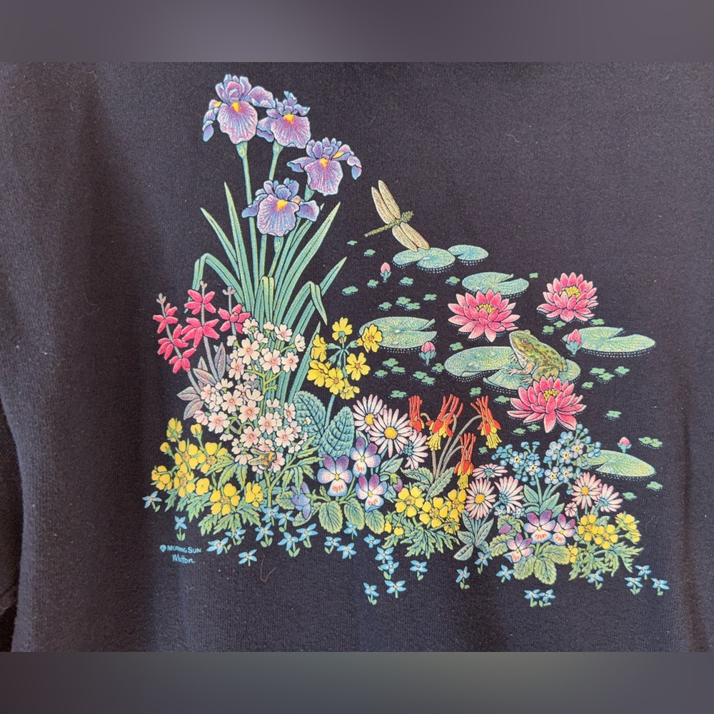 Vintage 90s Morning Sun Jerzees Women’s Medium Collared Blue Sweatshirt Frog - Picture 2 of 5